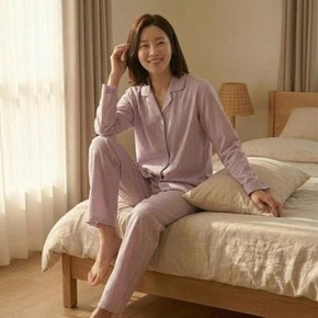 [옷자락] 여자 편안한 스트라이프 카라 긴팔 파자마 홈웨어 세트