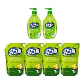 참그린 주방세제 녹차 기름기 뽀드득 용기 1kg x2 + 리필 1.2L x4