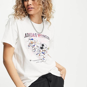  아디다스 오리지널 미키 마우스 프린트 반팔 티셔츠 여성 화이트