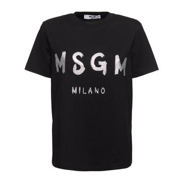 MSGM 엠에스지엠 여성 코튼 니트 저지 로고 티셔츠 블랙/실버 80IM64061 6021195