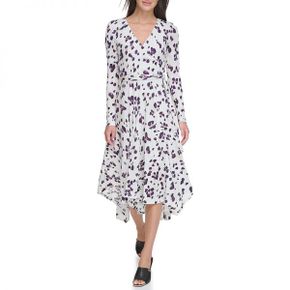 4676062 DKNY Long Sleeve Print V-Neck Wrap Dress