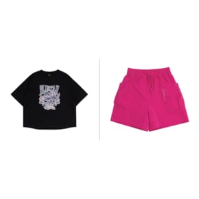 AYC8TS01BK, AYB4PT03PK  오버핏 블랙 반팔 티셔츠 핑크 우븐팬츠 코디 세트