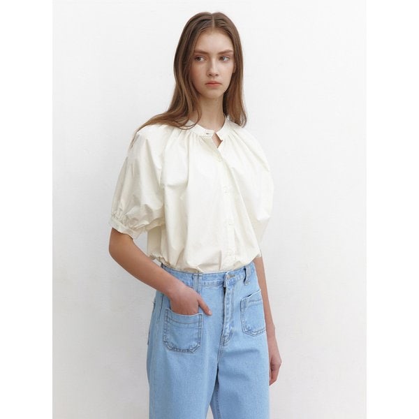 STAND COLLAR SHIRRING BLOUSE_CREAM
