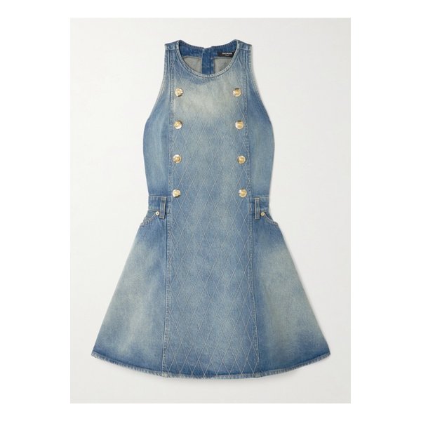 버튼 장식 자수 데님 미니 드레스 라이트 데님 46376663162844181