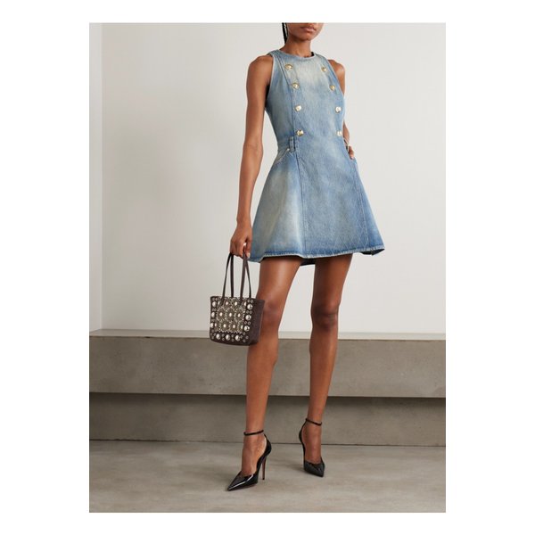 버튼 장식 자수 데님 미니 드레스 라이트 데님 46376663162844181