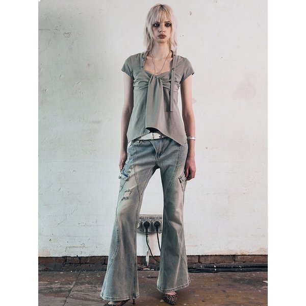 Ribbon Drape Stud Top (SAGE GREEN)