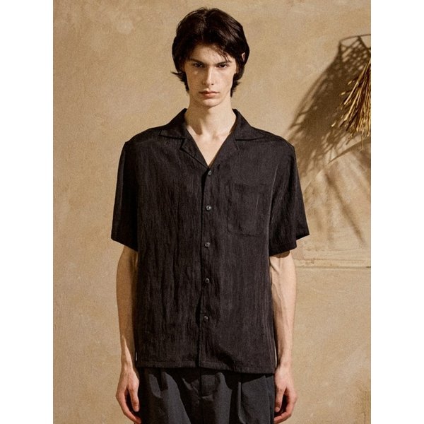 Natural Washed Open Collar Shirt Black