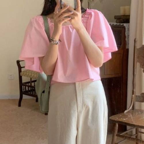 슈팅스타 / 루즈핏 셔링 밴딩 스퀘어넥 크롭 반팔 블라우스