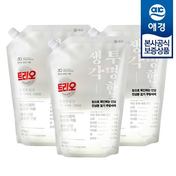 트리오 투명한생각 주방세제 리필 1L x3개