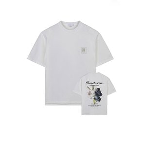 LJS41155 아이보리 세미오버핏 플라워 아트웍 티셔츠