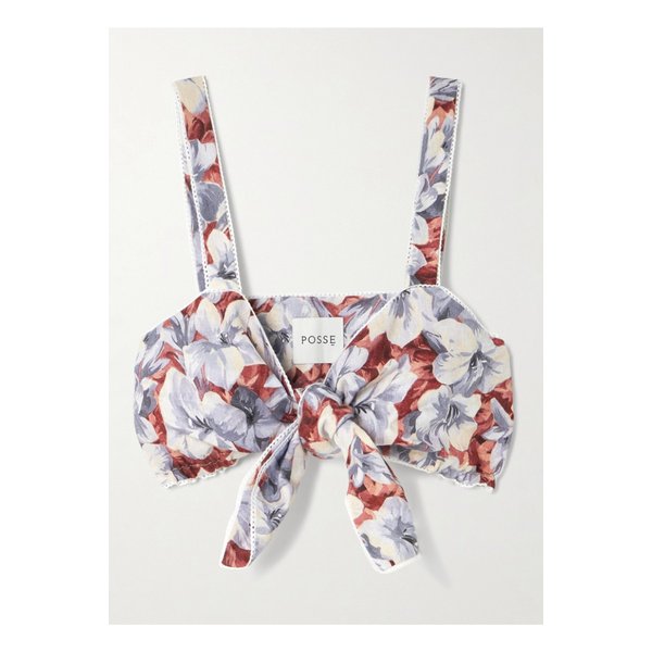 포세 루나 크롭 레이스 트리밍 플로럴 프린트 리넨 탑 멀티컬러 46376663162895042