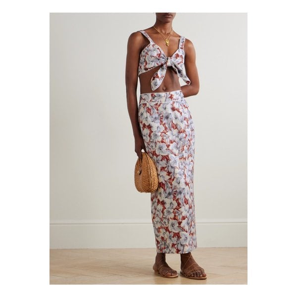 포세 루나 크롭 레이스 트리밍 플로럴 프린트 리넨 탑 멀티컬러 46376663162895042