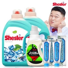 강호동의 쉬슬러 액상 세제 후레쉬 3.05L 2개+구스다운워시전용 650ml 1개+치석케어 치약 100g 2개.