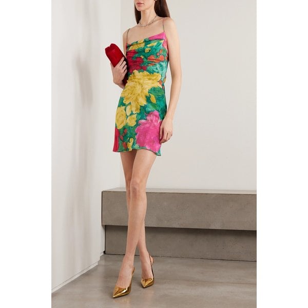 드레이프 플로럴 프린트 실크 미니 원피스 46376663162945965