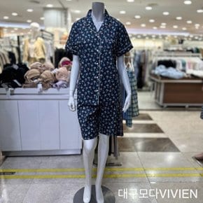 면 아사 야자수 프린트 여성 잠옷 세트 WP8825B NAVY