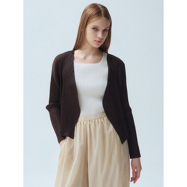 브이넥 오픈 플리츠 가디건 브라운