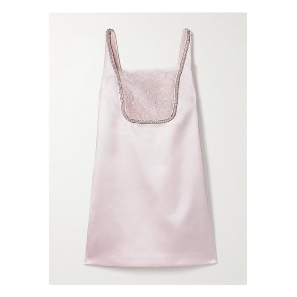 장식 레이스 트리밍 더치스 새틴 미니 드레스 파스텔 핑크 1647597358034159