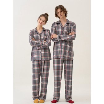 DOSSY [2PACK]소프킨 그레이체크 커플 카라 잠옷 세트