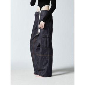 DENIM STITCH WIDE CARGO PANTS - BLUE