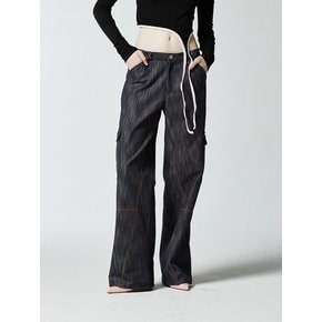 DENIM STITCH WIDE CARGO PANTS - BLUE