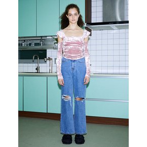 Destroyed Wide Denim Pants - Blue