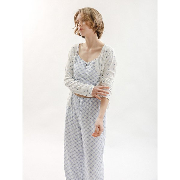 MJ_Sweet check flower pajama three-piece set_BLUE