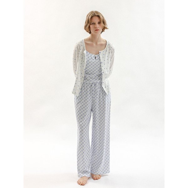 MJ_Sweet check flower pajama three-piece set_BLUE