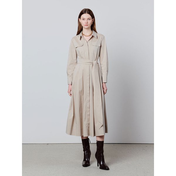 Pocket shirt pleats dress - beige
