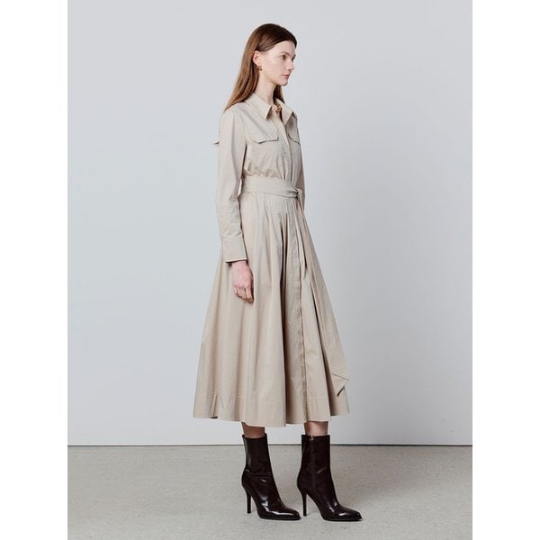 Pocket shirt pleats dress - beige