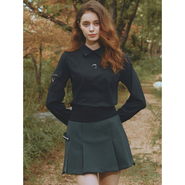 여성 소매포켓 뒷지퍼 카라넥 긴팔티셔츠 블랙