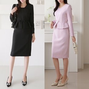 / 벨티드 핀턱 페플럼 H라인 미디 정장 원피스