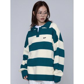 [UNISEX]베이스볼 로고 자수 스트라이프 카라 니트_그린