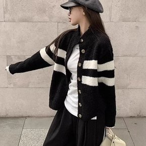 호야 하이넥 스트라이프 니트 가디건_F4222