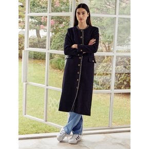 Classic Tweed Button Long Jacket - Black