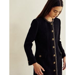 Classic Tweed Button Long Jacket - Black