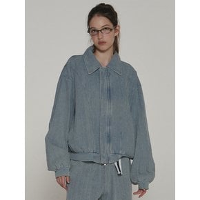 Striped denim collar zip-up blue jean work jacket jumper [light blue]