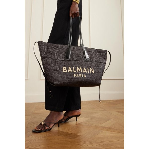 트랙 가죽 트리밍 라피아 토트 백 블랙 46376663163002416