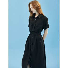 Linen Pocket Shirt One-Piece [Black]