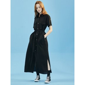 Linen Pocket Shirt One-Piece [Black]