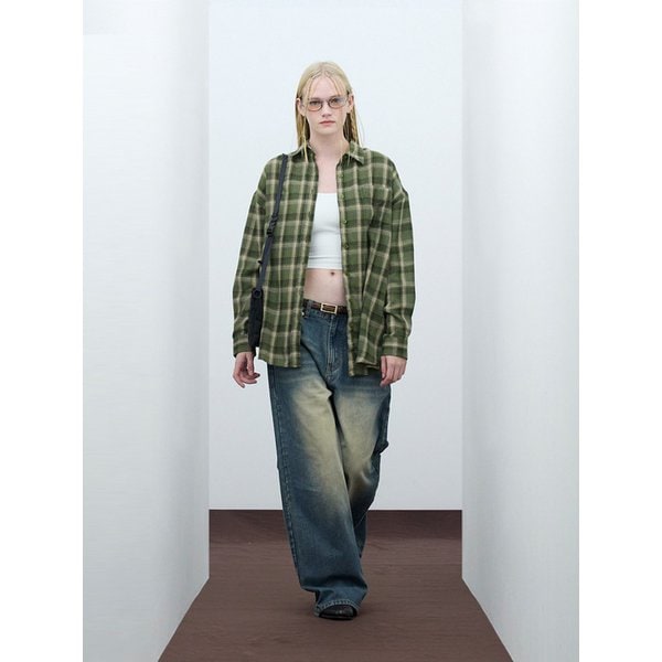 85-VIVA068 하우스 포레스트 오버핏 포켓 긴팔 체크 셔츠 그린