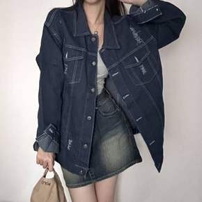 가죽자켓 레더JK 재킷 점퍼 여성 찢청 빈티지 스타일 데님 트렌디 청
