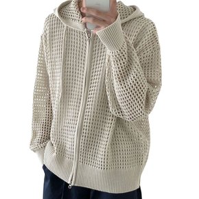 남성 그물 펀칭 니트 후드 가디건 디자인 패션 자외선 차단 집업 스웨터