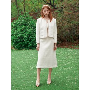 White Flame_Beads-Trim Tweed Midi Skirt