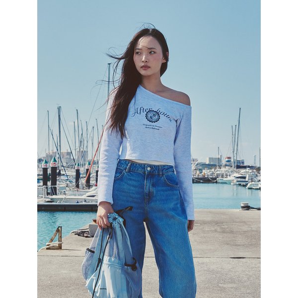 GRAPHIC ONE SHOULDER WAFFLE TOP (WHITE MELANGE)