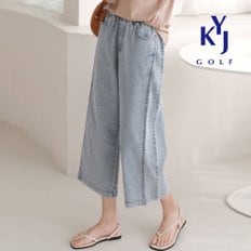 여름 데님 스판 옆주름 밴딩 8부 와이드 데일리 여성 청바지 DPMLSL16
