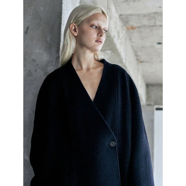 Nouvel collarless alpaca wool coat _ Dark Navy
