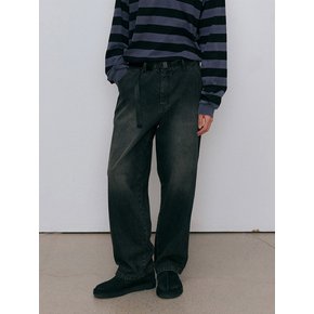 Belted corduroy denim pants (black)