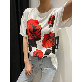 칼라거펠트 26SS 여성 레드 플라워 프린트 반팔 티셔츠