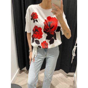 칼라거펠트 26SS 여성 레드 플라워 프린트 반팔 티셔츠
