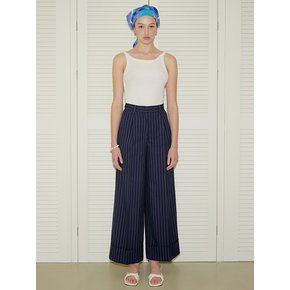 Striped Roll Up Wide Pants - Navy